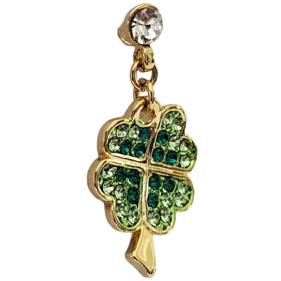 Gold Tone Green Rhinestone Pave Four-Leaf Clover Dangle Lapel Tie Scarf Pin L267 - Picture 3 of 9